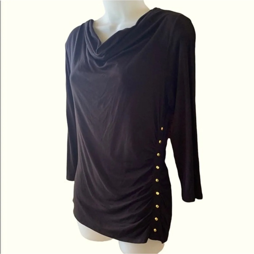 MICHAEL Michael Kors Black Drape Neckline 3/4 Sleeve Top Gold Buttons Medium